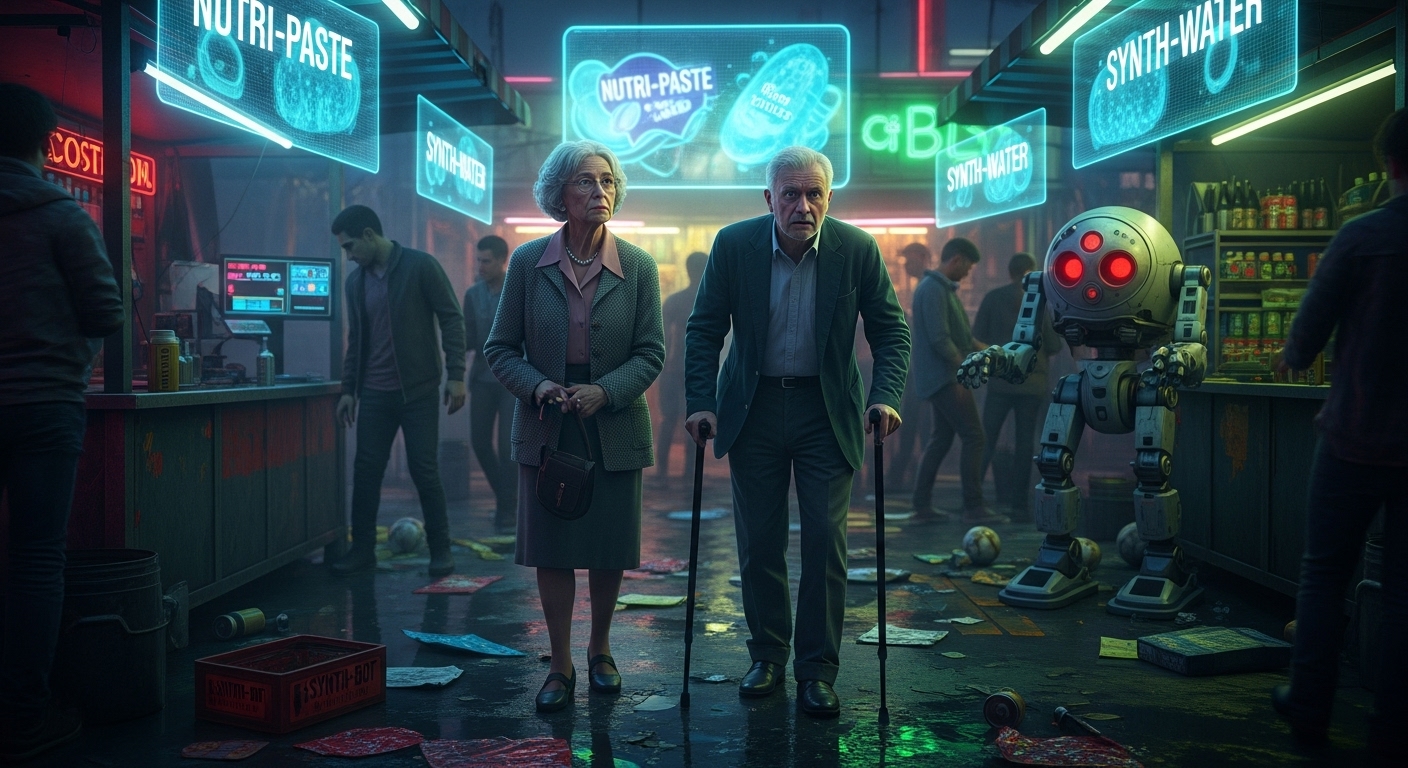 Two seniors, Gwendolyn and Pepe, navigate a grimy, neon-lit cyberpunk carnival, surrounded by holographic ads and a disabled robot.