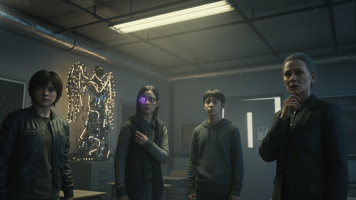 Four teenagers and a professor in a dark, grimy cyberpunk classroom, looking fearful as a steel door rattles from an unseen force outside. A sculpture made of old circuit boards is in the background.