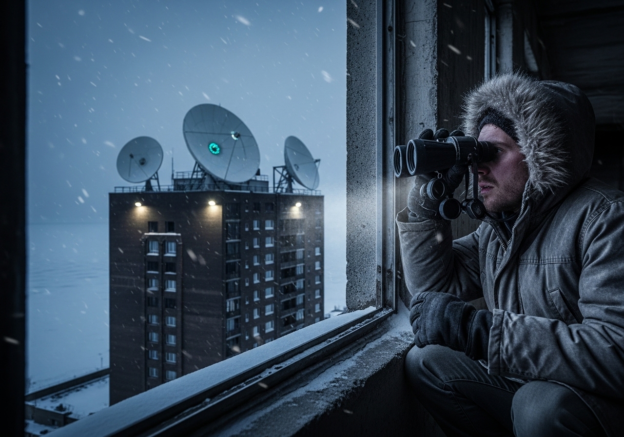 A man in a parka uses binoculars to observe a satellite dish array on a snowy, pre-dawn skyline.