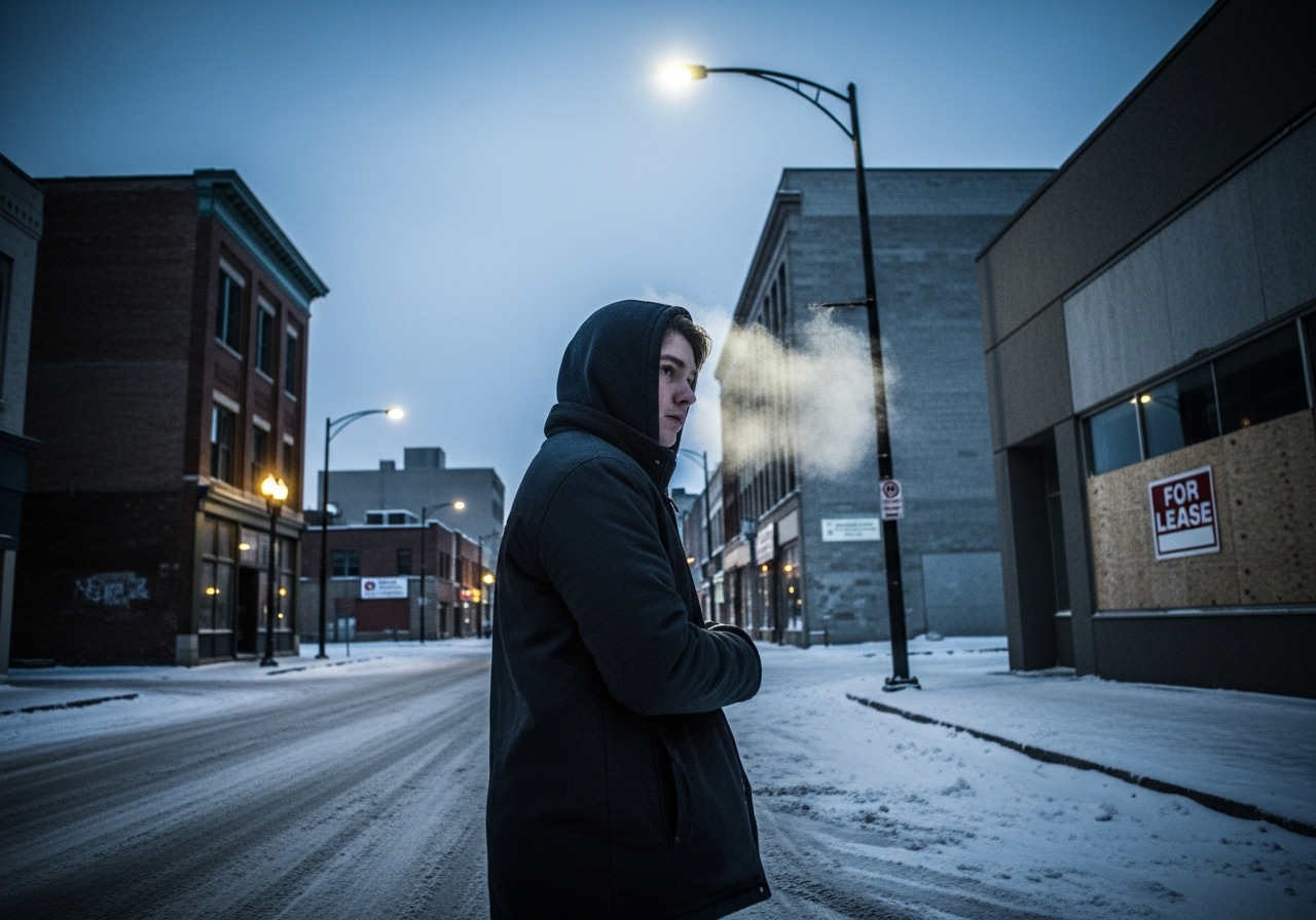 A young person stands alone on a desolate, snowy street in downtown Winnipeg at dusk, hunched against the bitter wind.