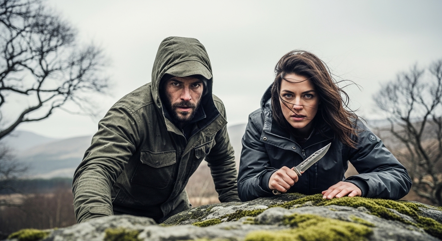 A man and a woman crouch behind a rock in the Scottish Highlands, wary and intense.