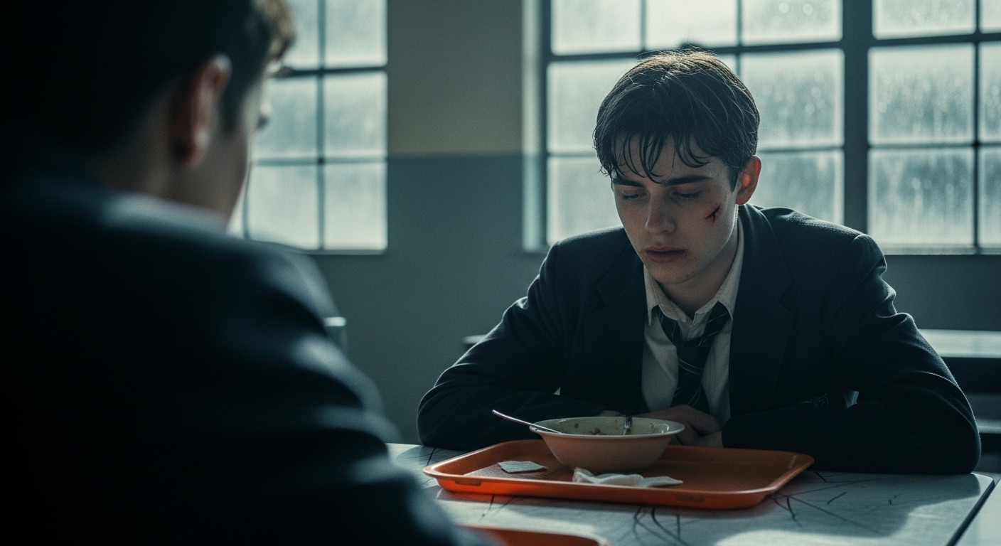 A cinematic photo of a teenage boy looking down at a cafeteria table, looking tired and bruised, while another boy sits opposite him in the foreground.