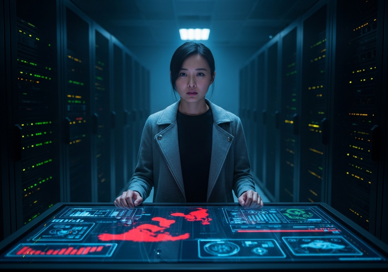 A young female analyst stands alone in a dark server room, her face lit by the glow of a data-filled screen.