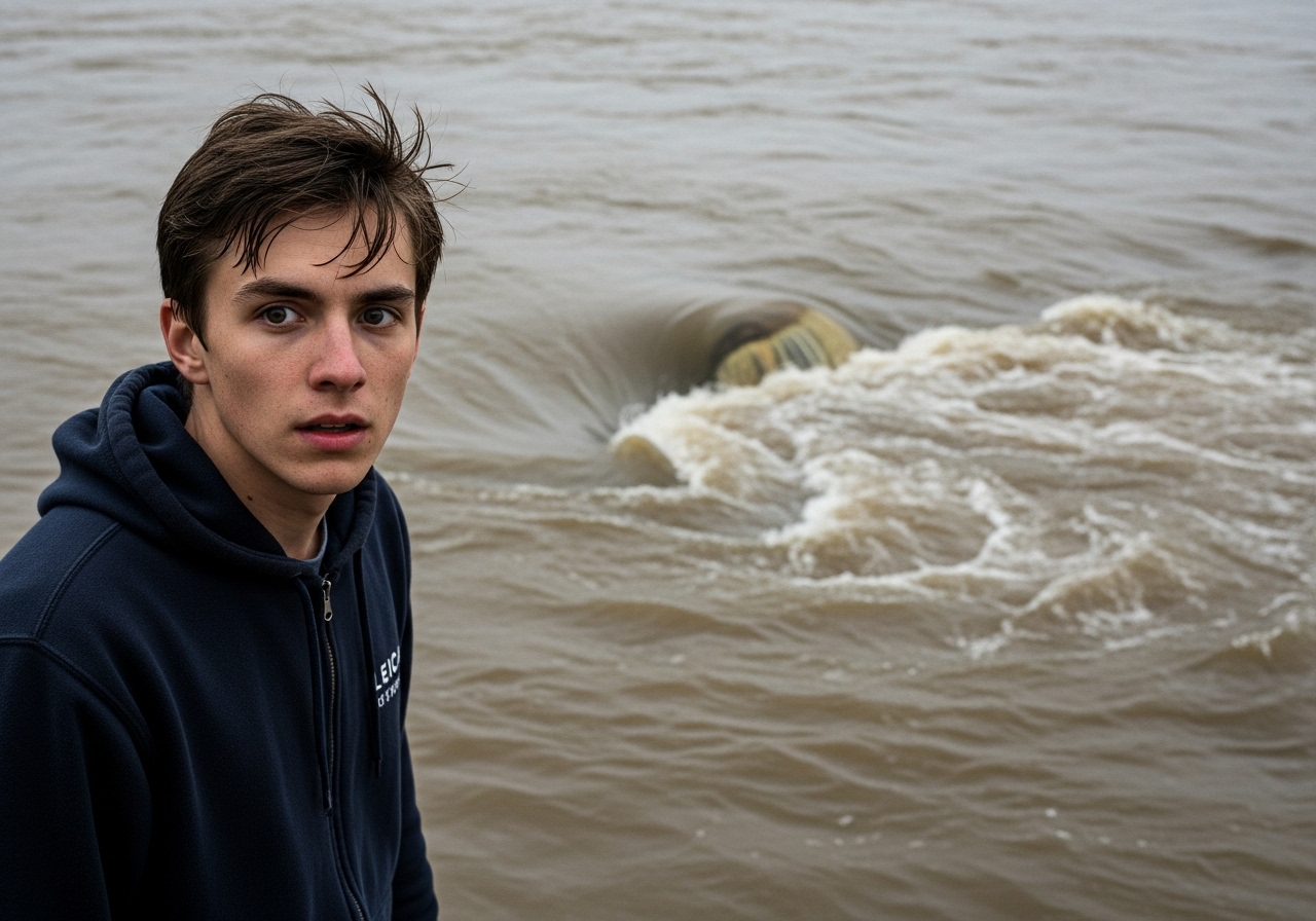 A man stares in horror at a churning, muddy river, his face etched with fear.