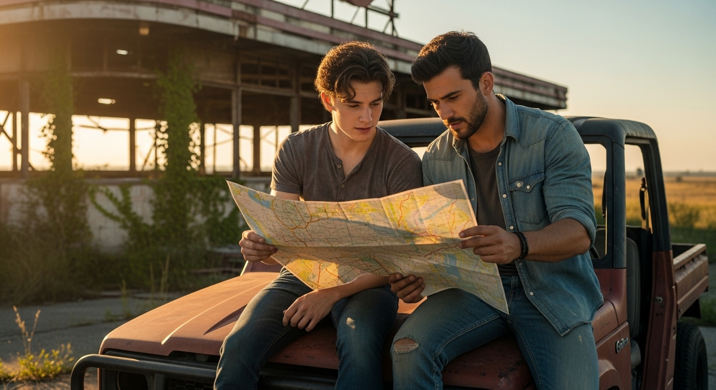 Two young men, Daniel and Ryan, studying an old map on a car hood at sunset amidst post-apocalyptic ruins.