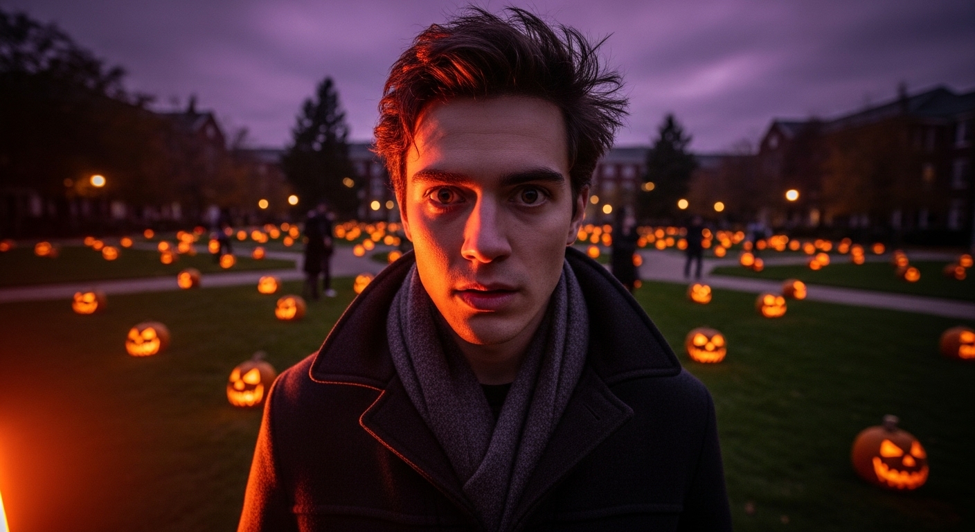 Young man with dark hair, looking uneasy, surrounded by eerie glowing pumpkins on an autumn campus at dusk.