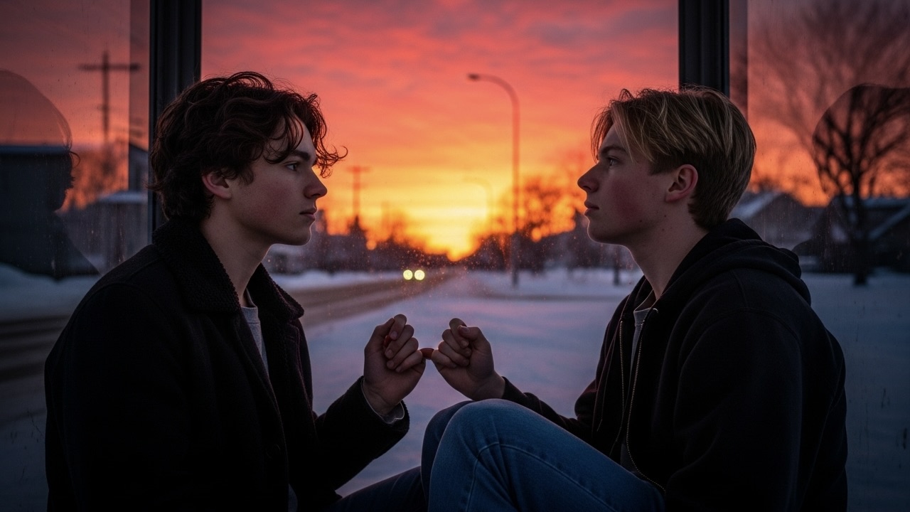 Two teenage boys in a bus shelter, illuminated by an impossible red and yellow winter sunset.