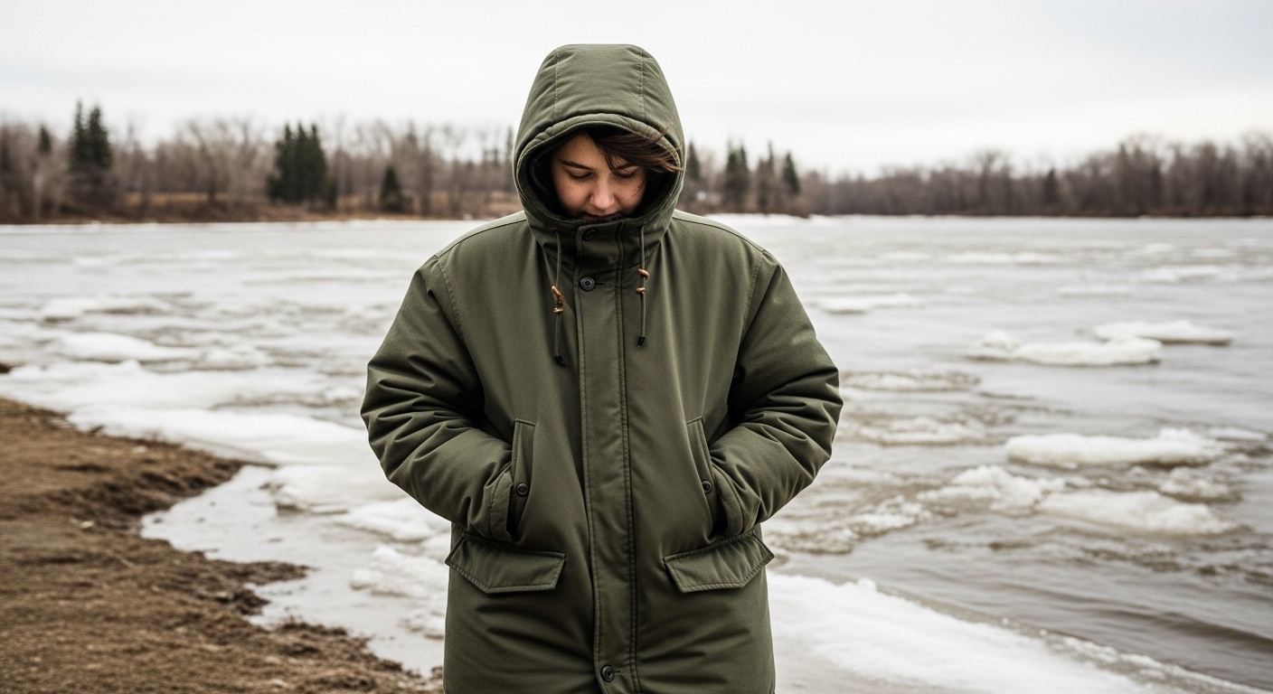 A lone teenager in a green parka stands by a muddy, ice-strewn river in early spring, looking contemplative.