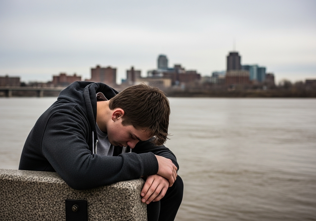A teenage boy sits hunched on a bench by a brown river, looking sad, with a city skyline in the background.