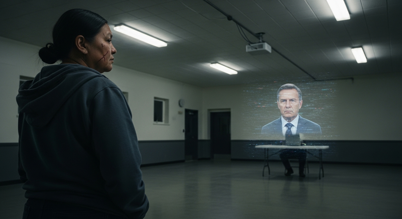 An Indigenous woman observes a glitching holographic projection of a corporate man in a stark northern community hall.