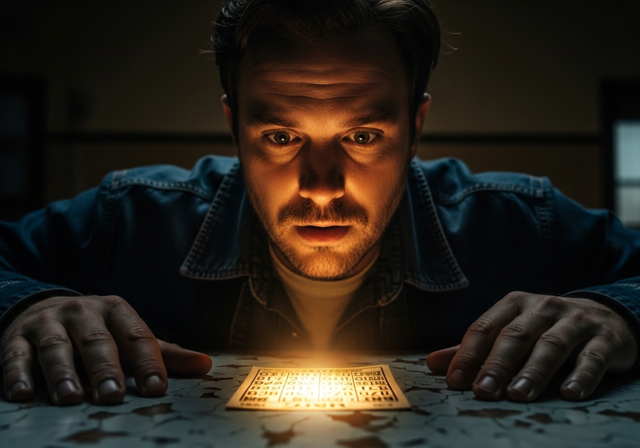 A man in a dark bingo hall stares in shock at his bingo card, which is glowing with an intense golden light.