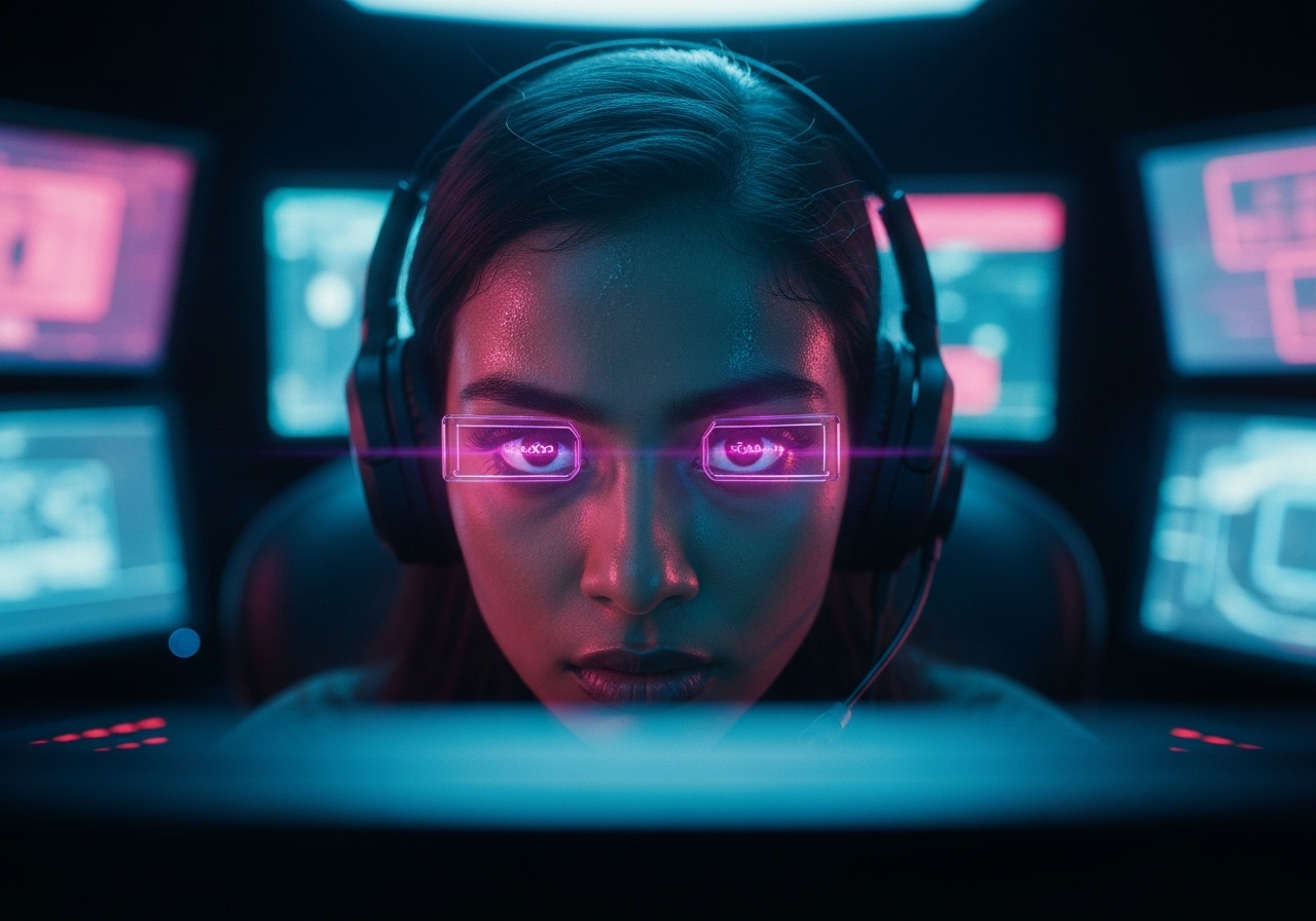 A young female gamer stares with intense focus at her screen, neon lights reflecting in her eyes.