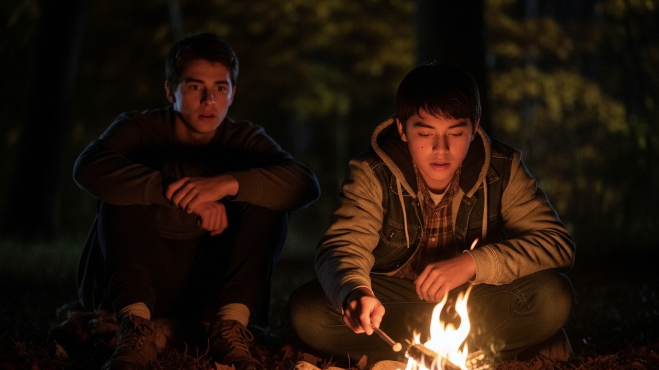 Two teenage boys sit by a campfire in the dark woods; one tends the fire calmly while the other looks terrified.