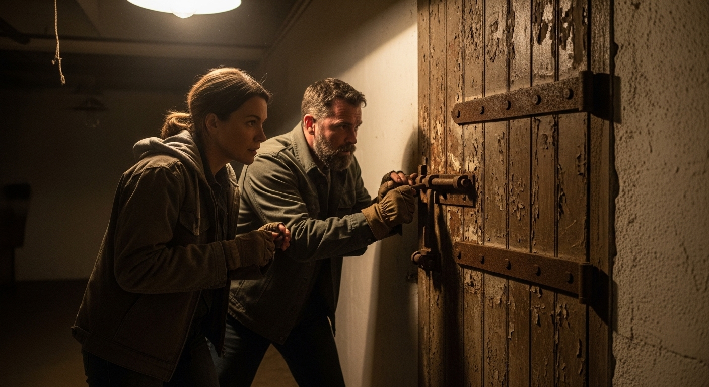 Two ex-military adults examine a mysterious, rusted door in a dusty, dimly lit basement.