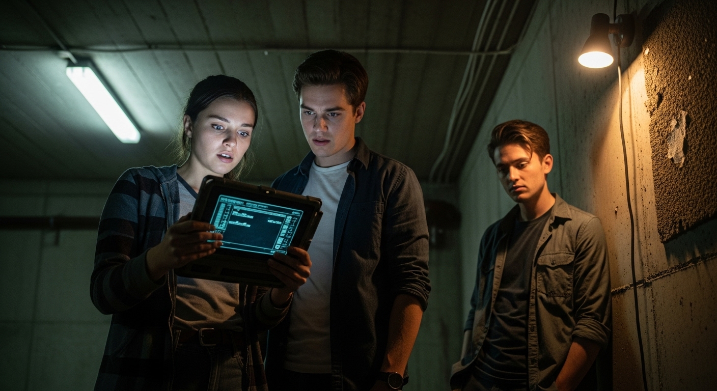 Three young adults in a dimly lit basement examining an old data-slate, revealing unsettling information about a space colony's past.