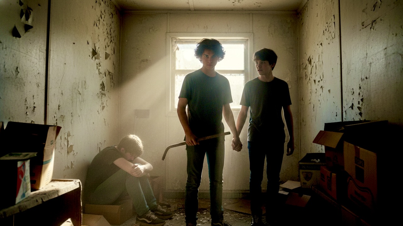 Three teenagers, two boys and one younger, huddled in a dusty, derelict storeroom. One boy holds a rebar, looking determined, while another's hand is in his. The youngest is cowering. Sunlight streams in.