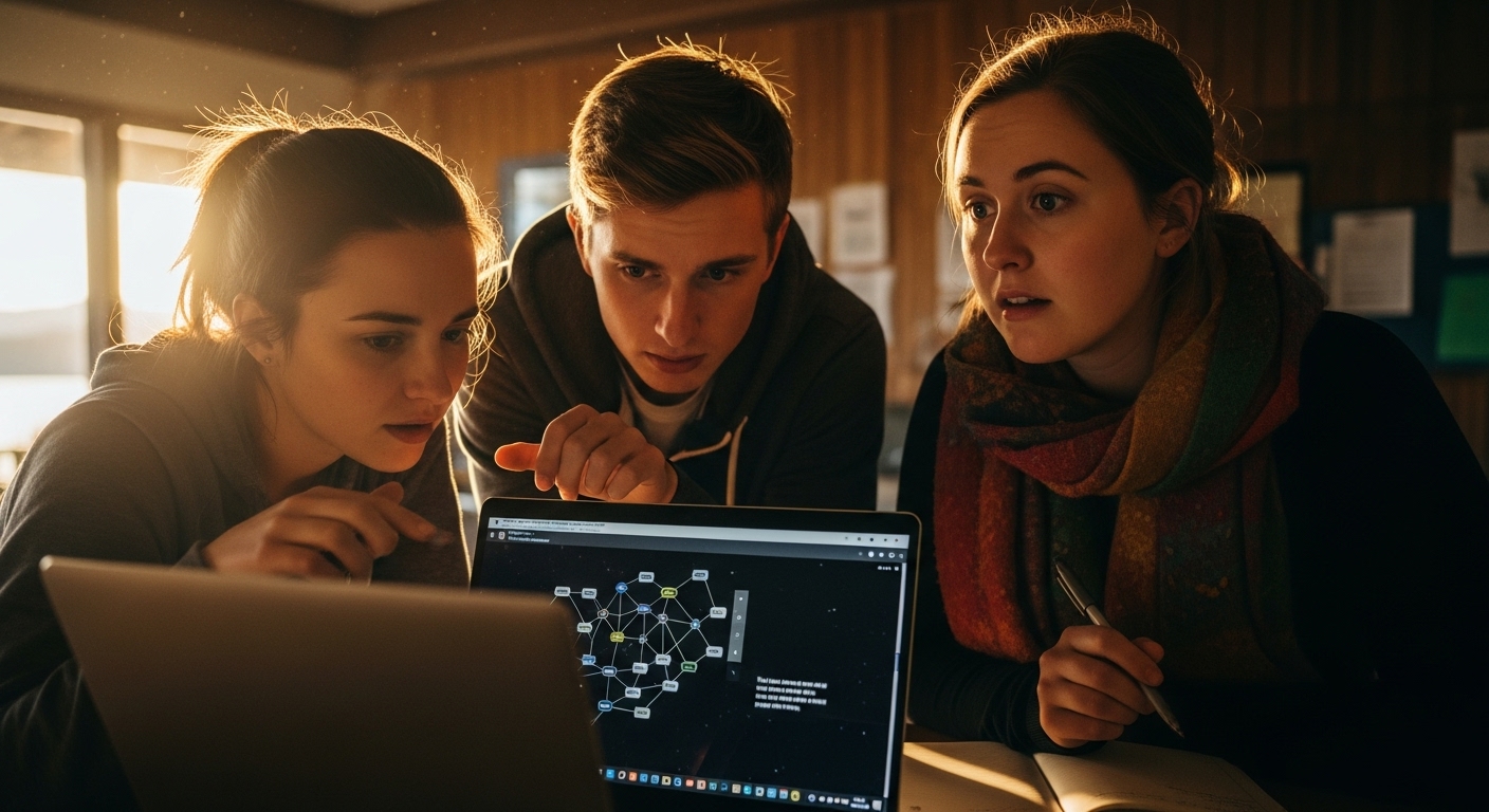 Three young adults gathered around a laptop, intently examining text and graphics on the screen, bathed in golden light.