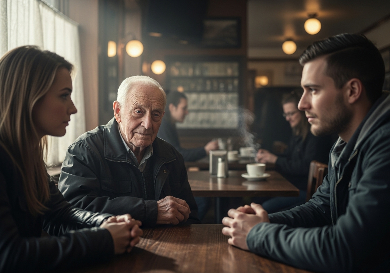 An elderly man in a coffee shop subtly observing a young couple having a serious conversation.