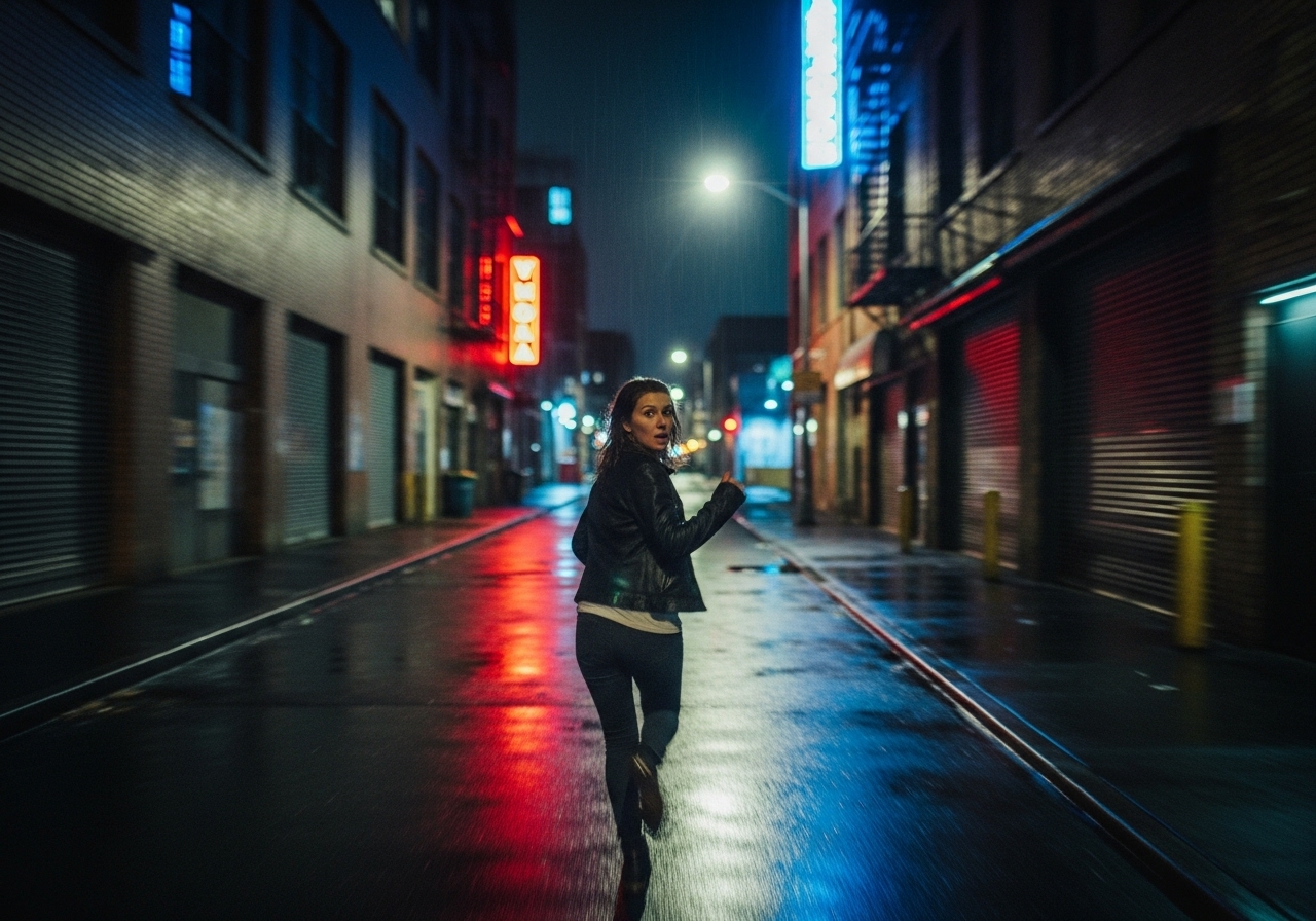 A woman with a look of fear runs down a wet, empty city street at night.