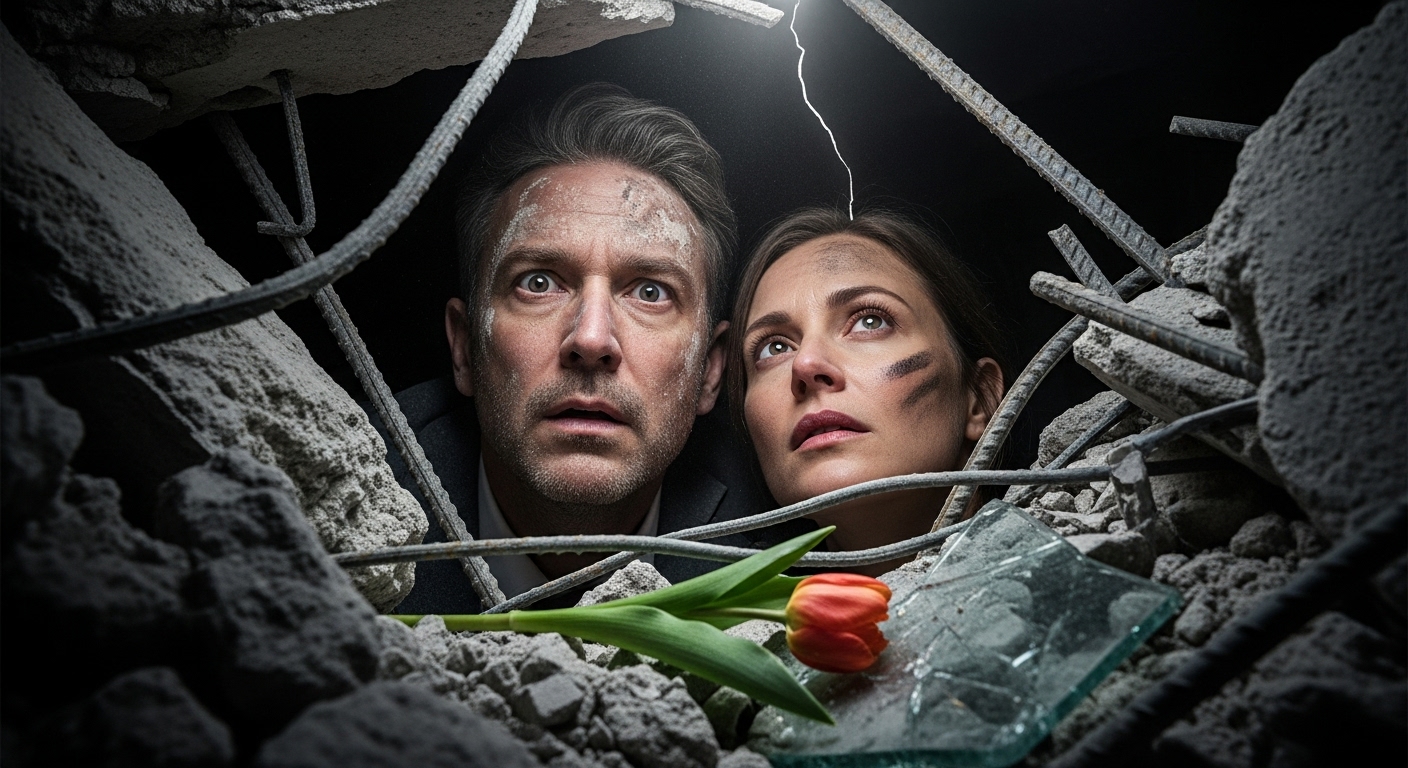 A man and woman, both dusty and shocked, huddle amidst concrete and twisted metal debris in the aftermath of a building collapse, with a spring flower lying near.
