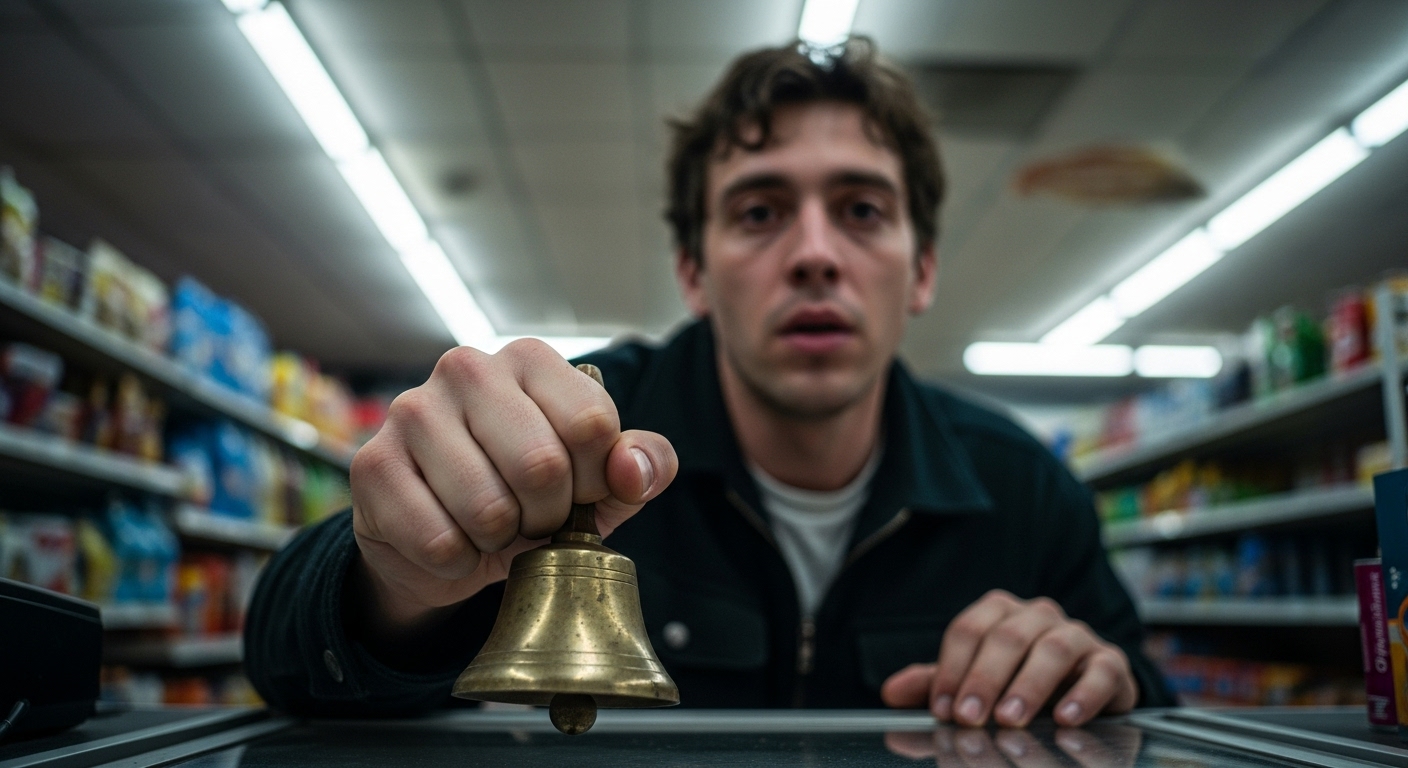 A young man holds a small, tarnished brass bell behind a convenience store counter, his face illuminated by harsh fluorescent lights.
