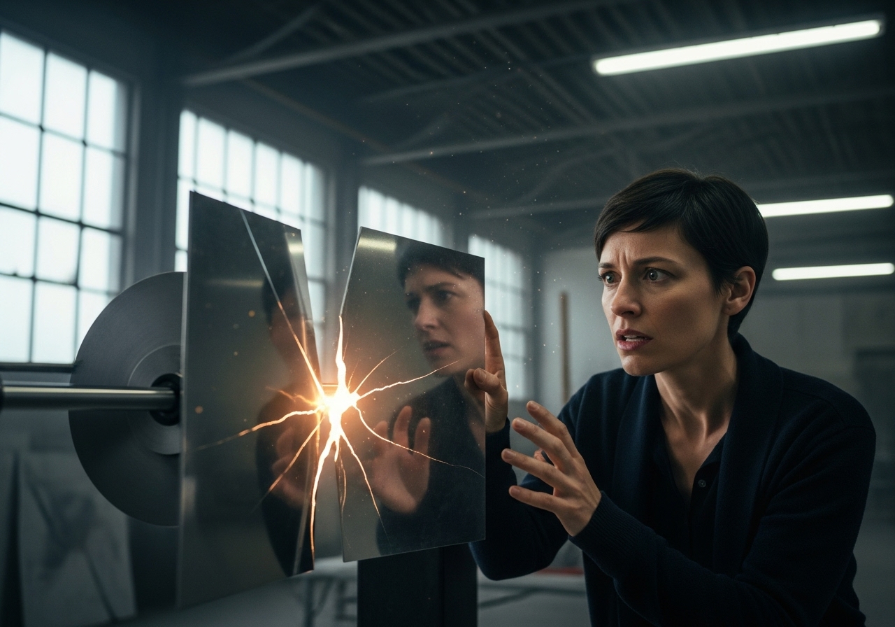 A stressed woman staring at a large, kinetic art installation with a growing crack, in a cold art studio.