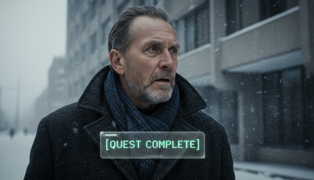 Close-up of an elderly man in winter gear on a snowy street, looking intense, with a faint digital HUD overlay in the air.