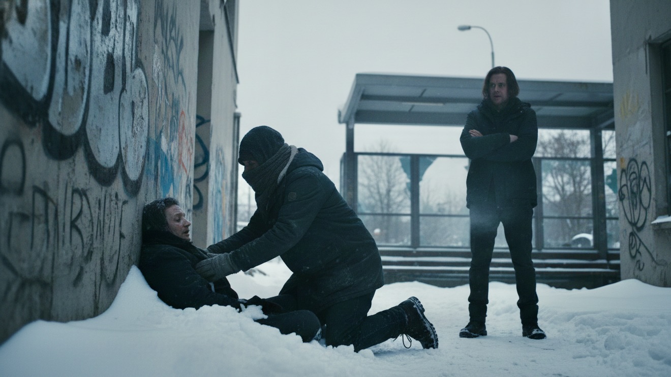 Three young adults in a desolate, snow-covered alleyway. One kneels over another nearly frozen in the snow, while the third stands nearby, watching warily. Dilapidated buildings rise in the background under a grey sky.