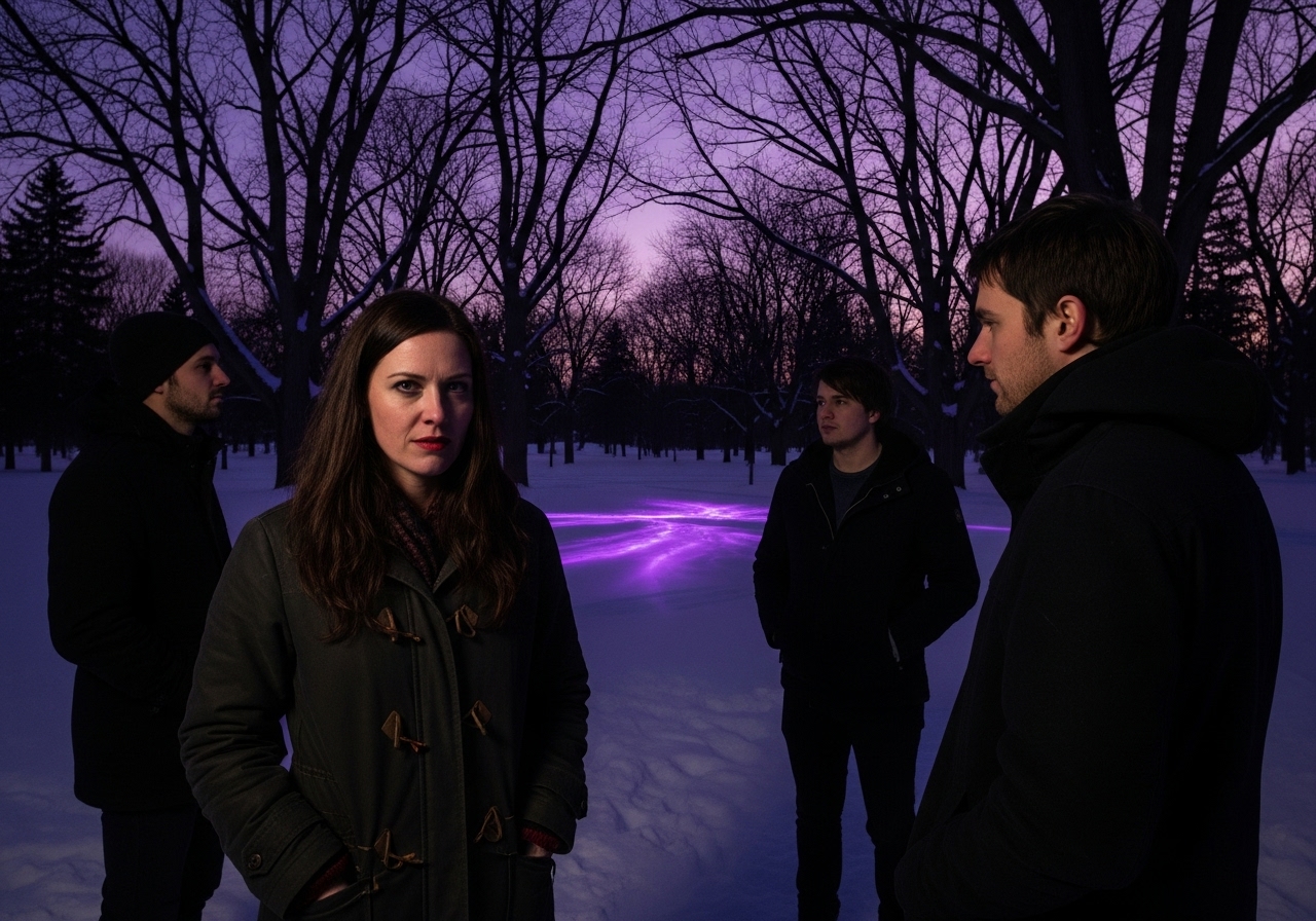 Four friends in winter coats stand in a snow-covered park at dusk, with a mysterious violet light pulsing in the distant trees.