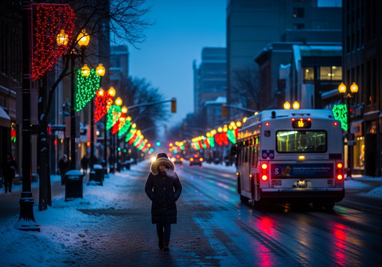 A lone bus travels down a snow-dusted, festive Winnipeg street at dusk, illuminated by Christmas lights.