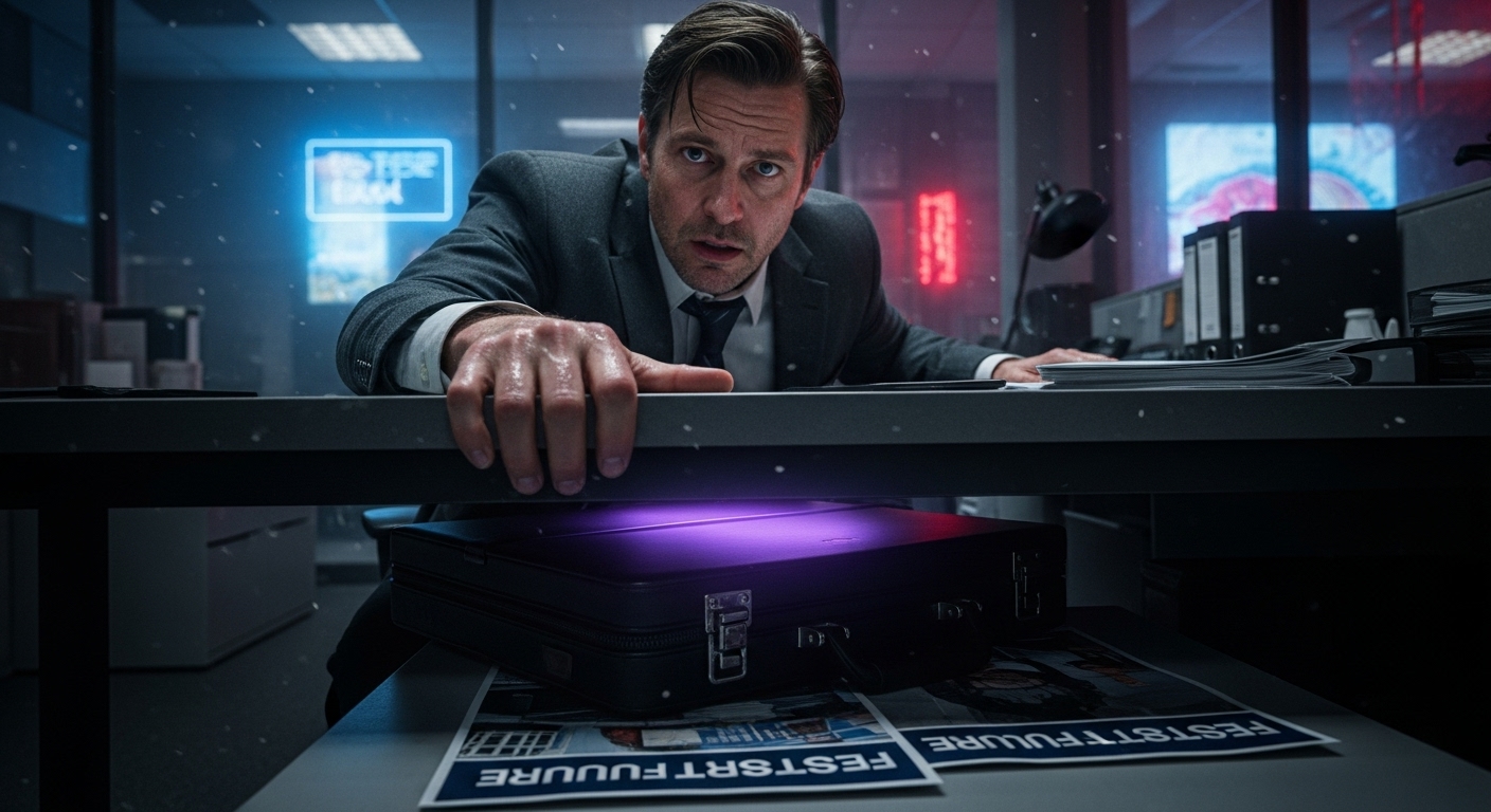 A man at an office cubicle, his face strained with paranoia, illuminated by a pulsing violet light from a hidden briefcase.
