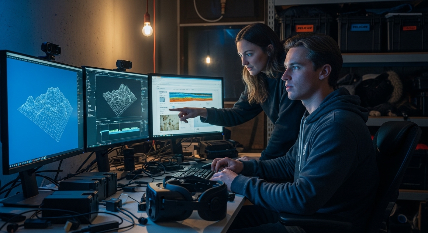 Two young adults working on a computer in a cluttered workshop, looking at 3D maps and Chinese text on the screens.