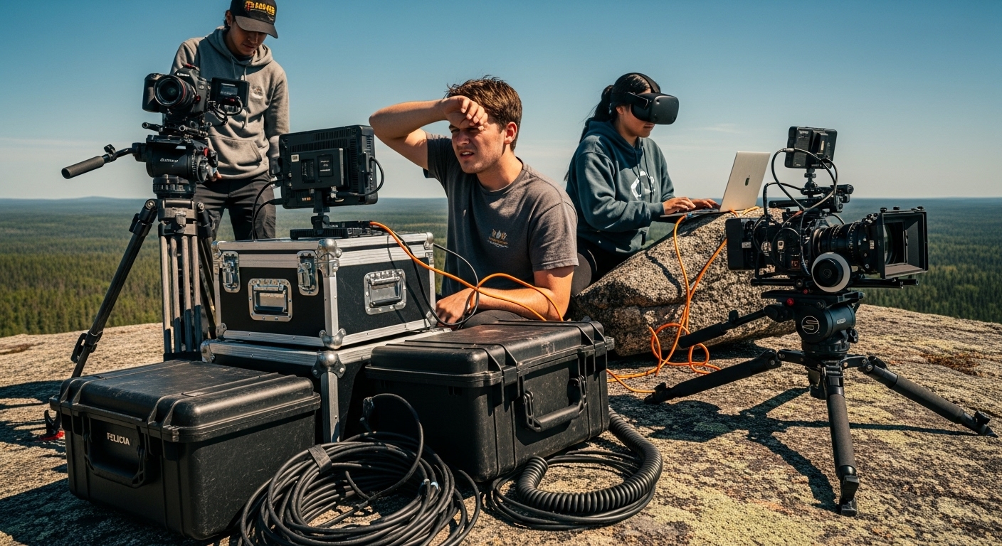 Three young filmmakers struggle with cables and cameras on a sunny rock outcrop in the Canadian wilderness.