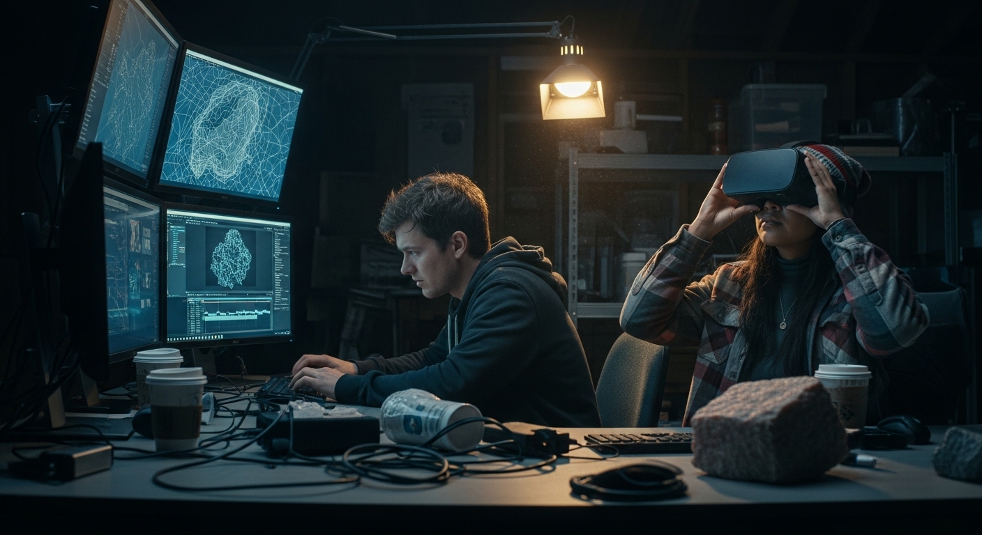 Two young adults working late in a garage studio filled with computer screens and VR equipment.