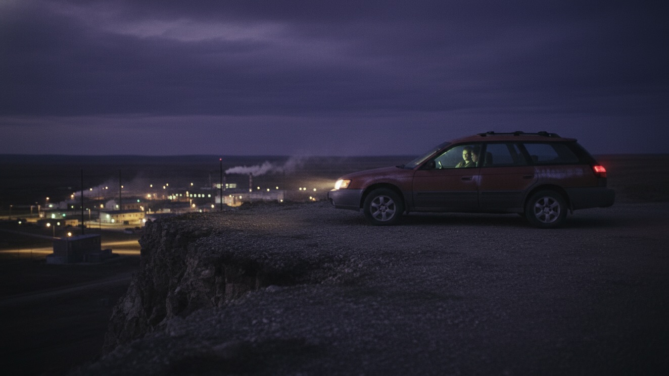 Night photo of a car on a cliff overlooking a dark industrial town.
