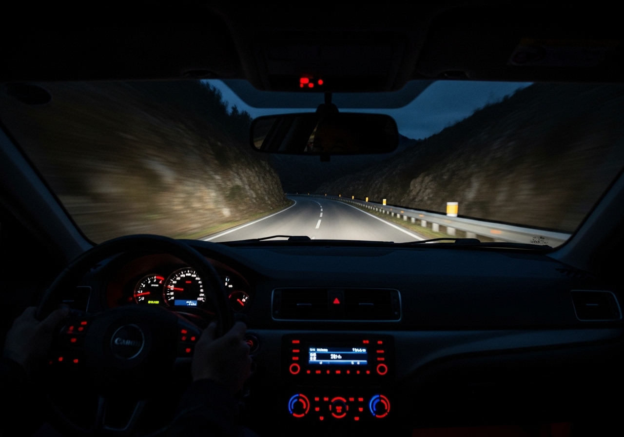 The view from inside a car speeding down a dark, winding mountain road at night.