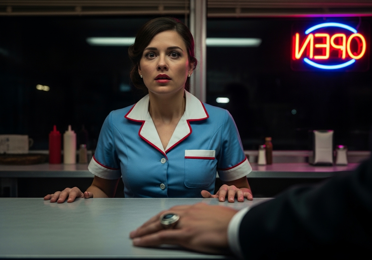 A waitress in a diner stares in horror at a man's hand on the counter, which is adorned with a menacing silver and obsidian ring.