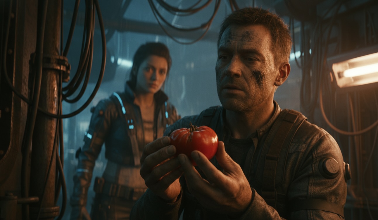 A close-up of a man holding a fresh tomato in a dirty, industrial cyberpunk setting.