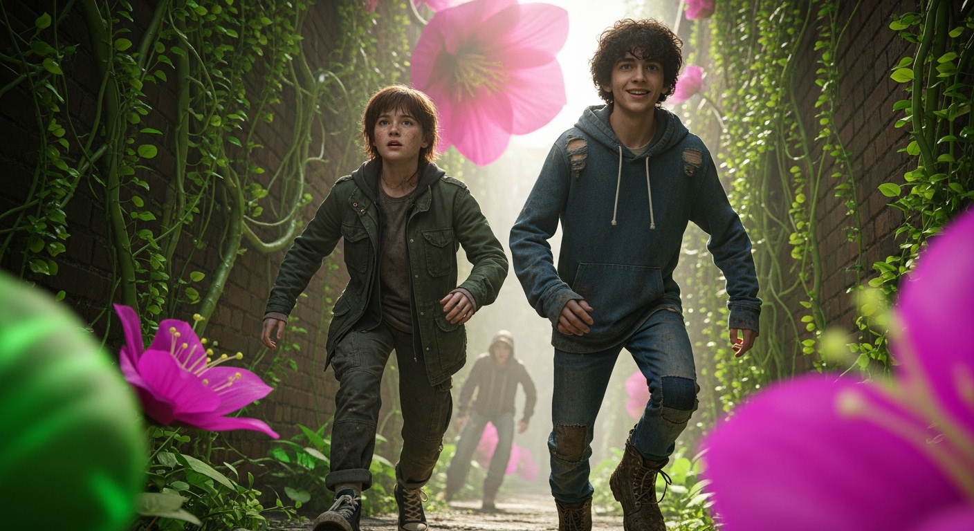 Two teenagers, Lucie and Kenny, push through an alleyway consumed by glowing, alien-like green vines and fuchsia flowers.