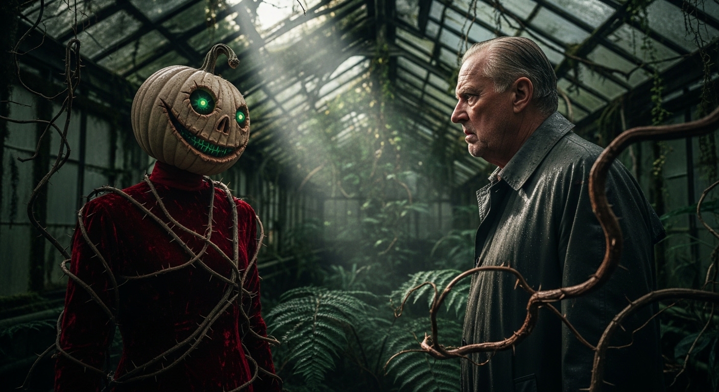 An older man, horrified, stares at a pumpkin-headed, vine-entwined clown effigy in a derelict greenhouse.