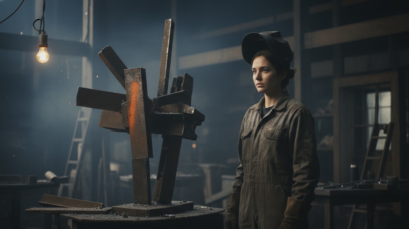 A young female welder standing in a dark, messy workshop next to a vandalized metal sculpture.
