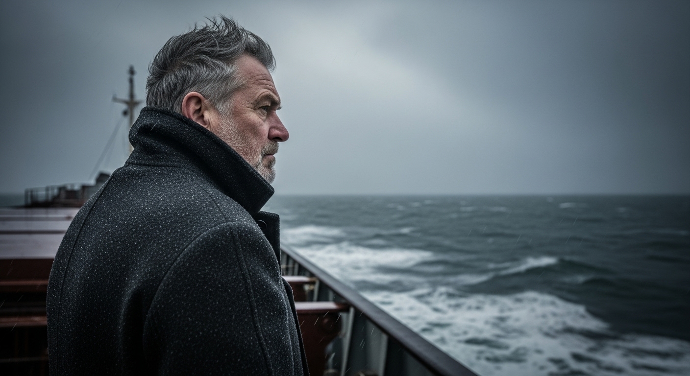 A weathered sea captain stands on a ship's deck, gazing out at a dark, stormy sea at dusk.