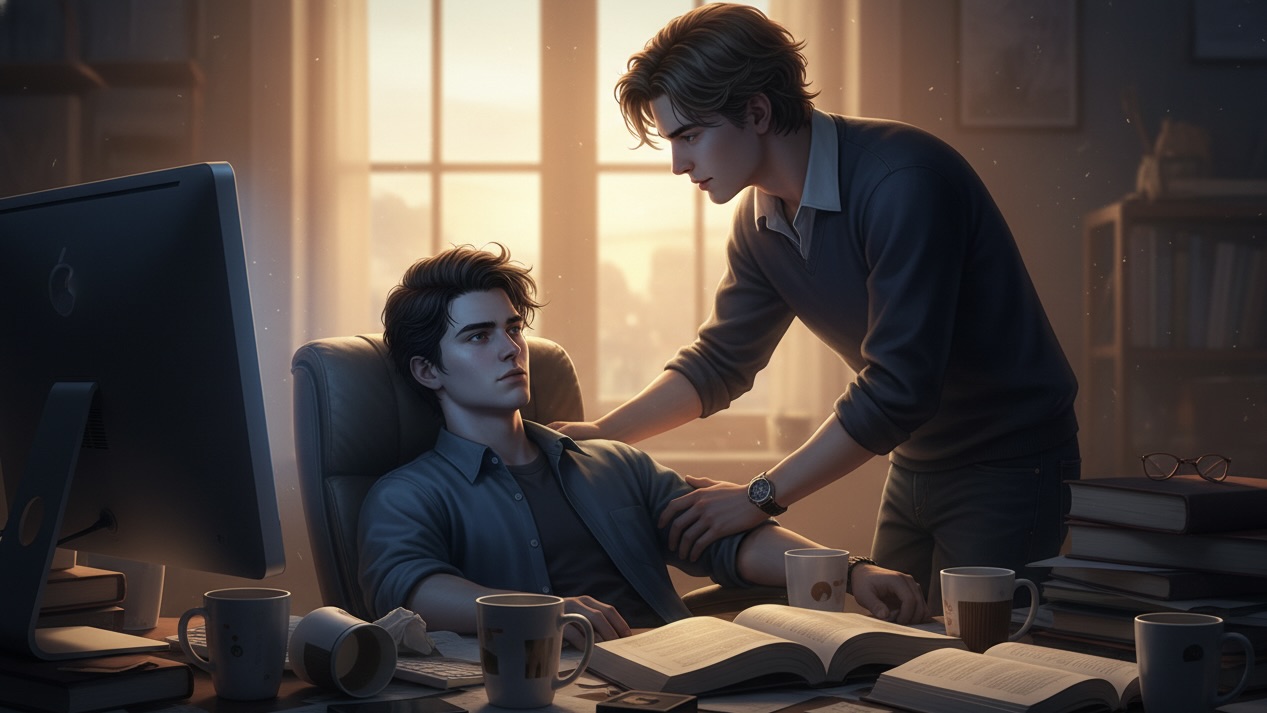 Two young men in an office at dawn, one tired but determined, the other reaching out in a gesture of profound support and gratitude. Bookshelves and computer equipment are visible in the background.