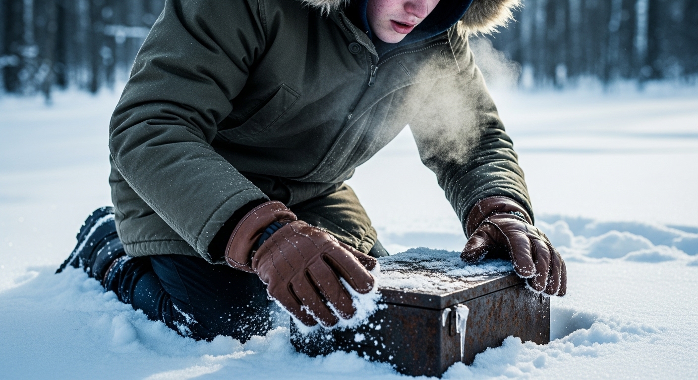 A teenage boy, Sean, kneels in the snow, uncovering a rusted metal box with a look of apprehension.
