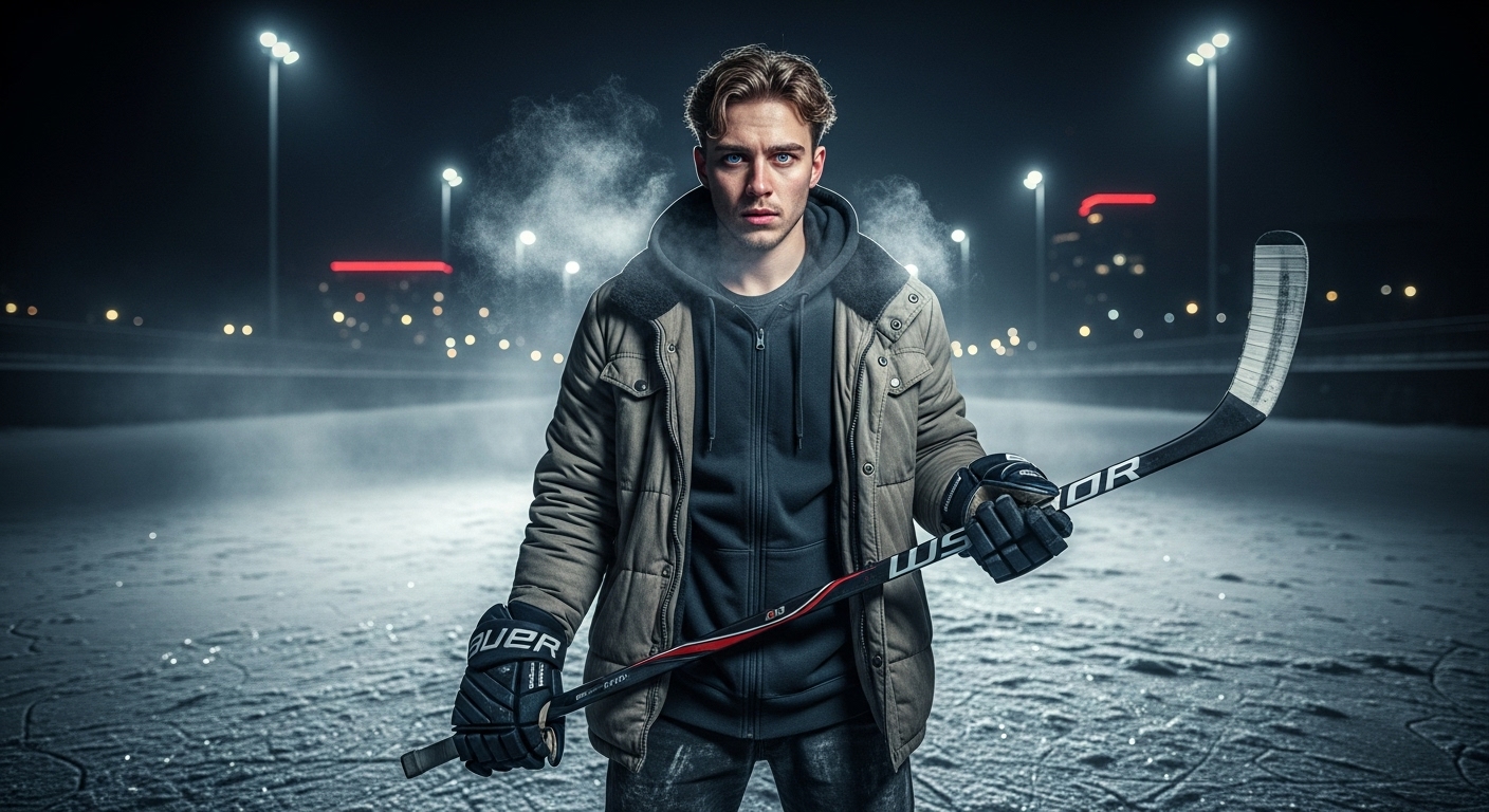 A young man, Frank, stands alone on a frozen canal hockey rink at night, looking weary yet determined.