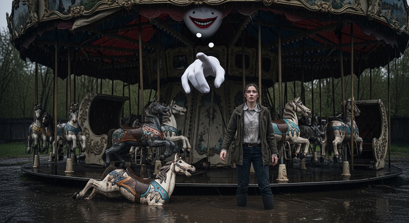Young woman in muddy, abandoned carousel stares in horror at a beckoning white-gloved hand emerging from gloom.