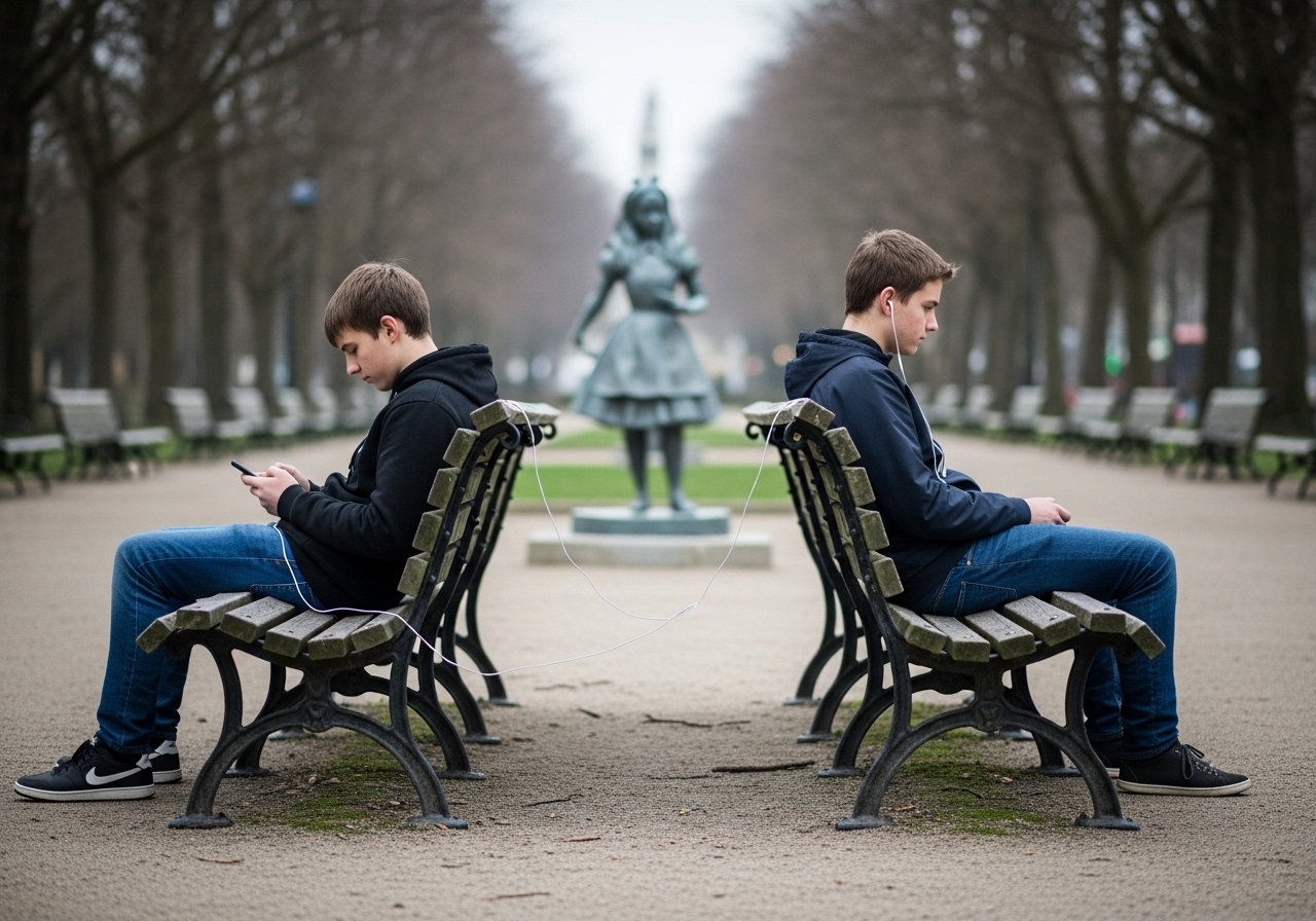 Two teenage boys sit far apart on a park bench, connected only by a headphone wire.