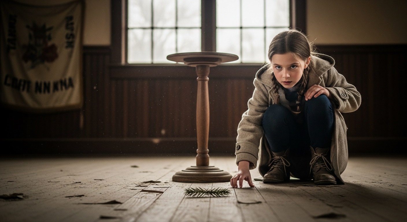 A young girl in a dusty hall investigates an empty pedestal, soft light illuminating her determined face.