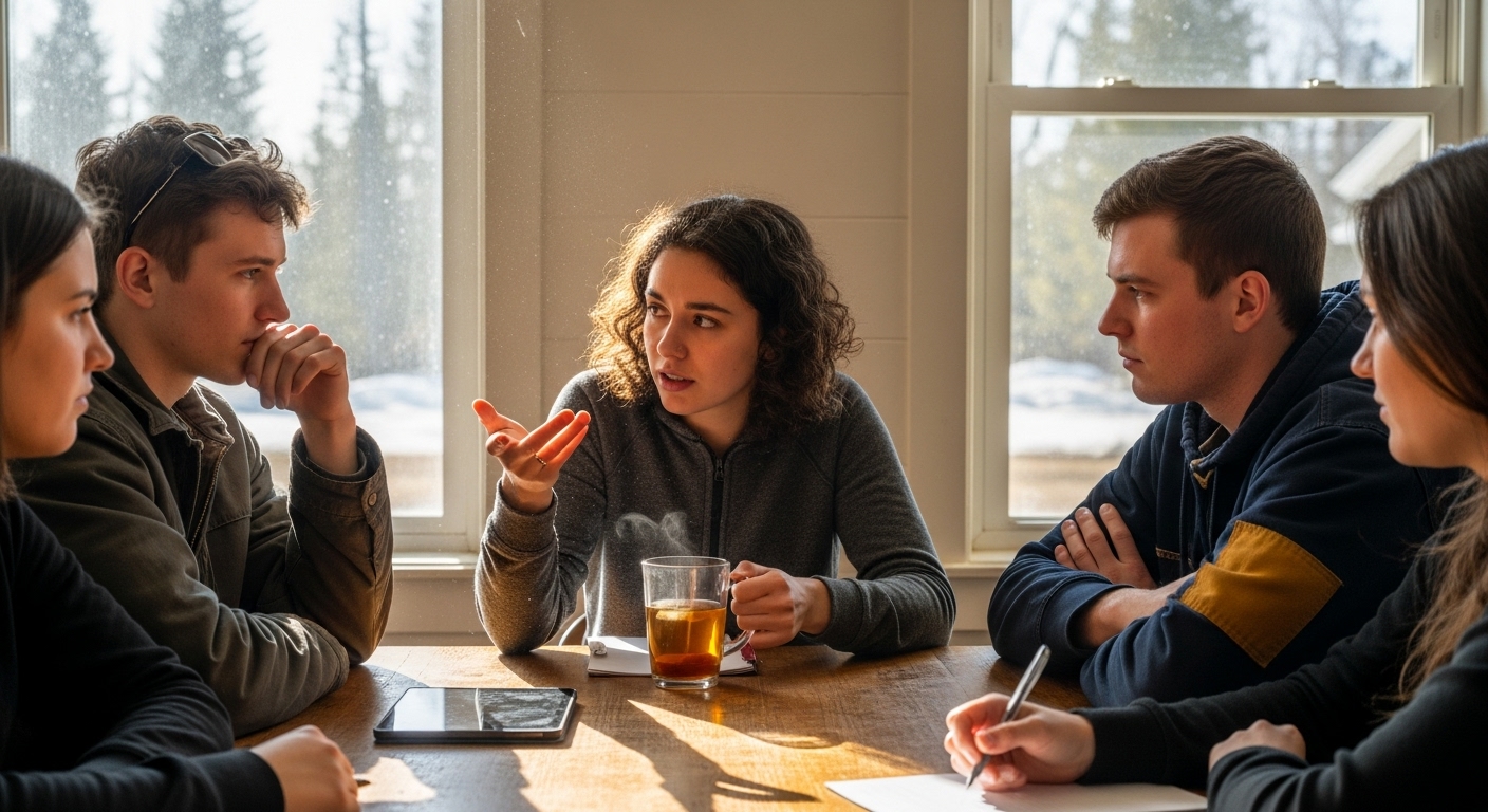 Four young adults discuss technology around a table in a sunlit community hall during spring.