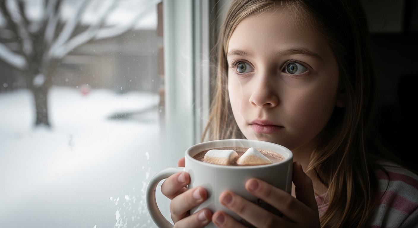 A young girl with a worried expression sips hot chocolate while looking out a frosty winter window.